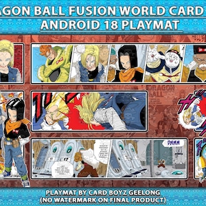 May include: A Dragon Ball Fusion World card game playmat featuring Android 18. The playmat has a rectangular design with multiple panels showcasing various characters and scenes from the anime. The text "DRAGON BALL FUSION WORLD CARD GAME ANDROID 18 PLAYMAT" is at the top.