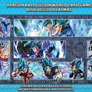 May include: A rectangular Dragon Ball Fusion World Card Game playmat featuring Blue Vegito in various action poses. The design includes multiple panels with blue-haired characters, energy effects, and the text DRAGON BALL FUSION WORLD CARD GAME.