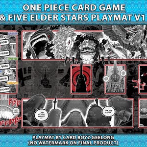 Può includere: Un tappetino da gioco per carte One Piece in bianco e nero con il testo "IMU & FIVE ELDER STARS PLAYMAT V1 B&W". Il tappetino presenta illustrazioni in stile manga e fumetti. Il tappetino è rettangolare.