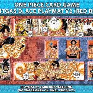 May include: A rectangular playmat for the One Piece card game, featuring Portgas D. Ace. The design includes comic-style panels and character illustrations in red, orange, and blue. Text at the top reads "ONE PIECE CARD GAME" and "PORTGAS D. ACE PLAYMAT V2 (RED BLUE)".