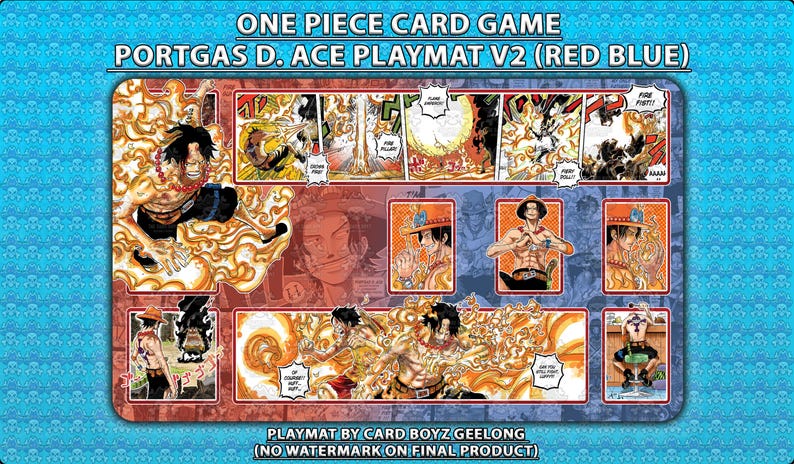May include: A rectangular playmat for the One Piece card game, featuring Portgas D. Ace. The design includes comic-style panels and character illustrations in red, orange, and blue. Text at the top reads "ONE PIECE CARD GAME" and "PORTGAS D. ACE PLAYMAT V2 (RED BLUE)".