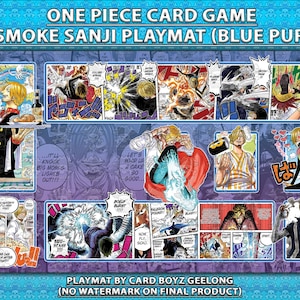 May include: A blue and purple playmat for the One Piece card game featuring Vinsmoke Sanji. The playmat has a rectangular design with multiple panels showcasing Sanji in various action poses and comic book style illustrations. Text at the top reads "ONE PIECE CARD GAME".