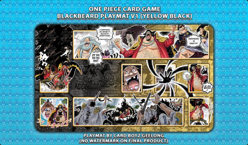 Puede incluir: Playmat Blackbeard V1 para el juego de cartas One Piece, amarillo y negro. Presenta ilustraciones de personajes y bocadillos de texto. El texto "ONE PIECE CARD GAME BLACKBEARD PLAYMAT V1 (YELLOW BLACK)" est&aacute; en la parte superior.