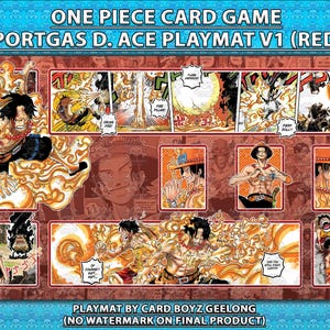 May include: A red and brown playmat for the One Piece card game, featuring Portgas D. Ace. The design includes comic-style panels and illustrations of the character in action, with fiery effects and the text "ONE PIECE CARD GAME PORTGAS D. ACE PLAYMAT V1 (RED)".
