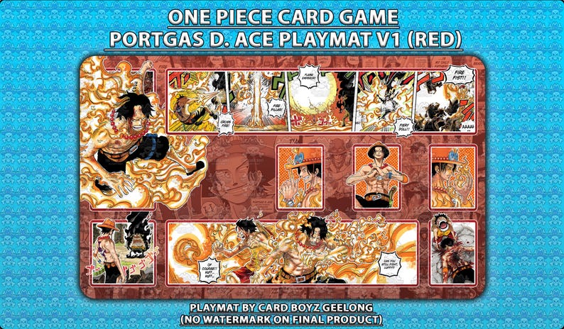 May include: A red and brown playmat for the One Piece card game, featuring Portgas D. Ace. The design includes comic-style panels and illustrations of the character in action, with fiery effects and the text "ONE PIECE CARD GAME PORTGAS D. ACE PLAYMAT V1 (RED)".