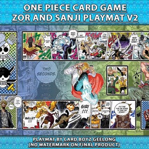 May include: A rectangular playmat for the One Piece card game, with the text "ONE PIECE CARD GAME ZOR AND SANJI PLAYMAT V2". The design incorporates comic-style panels with characters and action scenes. The background is a teal colour.