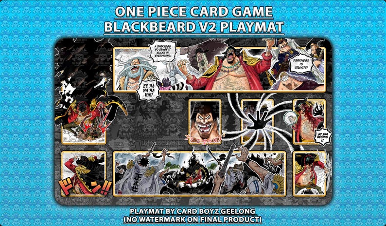 Puede incluir: Tapete Blackbeard V2 para el juego de cartas One Piece. El tapete presenta varias ilustraciones de personajes y bocadillos de texto con texto japon&eacute;s. El fondo es azul claro con patrones de calaveras. El texto "ONE PIECE CARD GAME BLACKBEARD V2 PLAYMAT" est&aacute; en la parte superior.