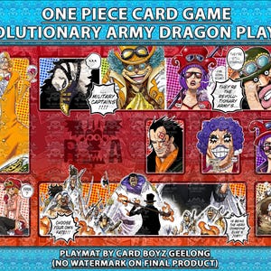 May include: A rectangular playmat for the One Piece card game, featuring various character illustrations from the Revolutionary Army Dragon storyline. The playmat has a blue background with a red border and includes text that reads "ONE PIECE CARD GAME REVOLUTIONARY ARMY DRAGON PLAYMAT."