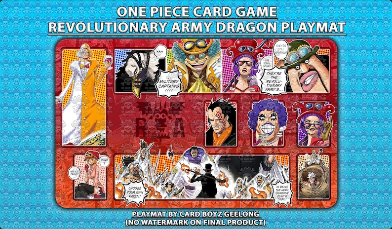 May include: A rectangular playmat for the One Piece card game, featuring various character illustrations from the Revolutionary Army Dragon storyline. The playmat has a blue background with a red border and includes text that reads "ONE PIECE CARD GAME REVOLUTIONARY ARMY DRAGON PLAYMAT."