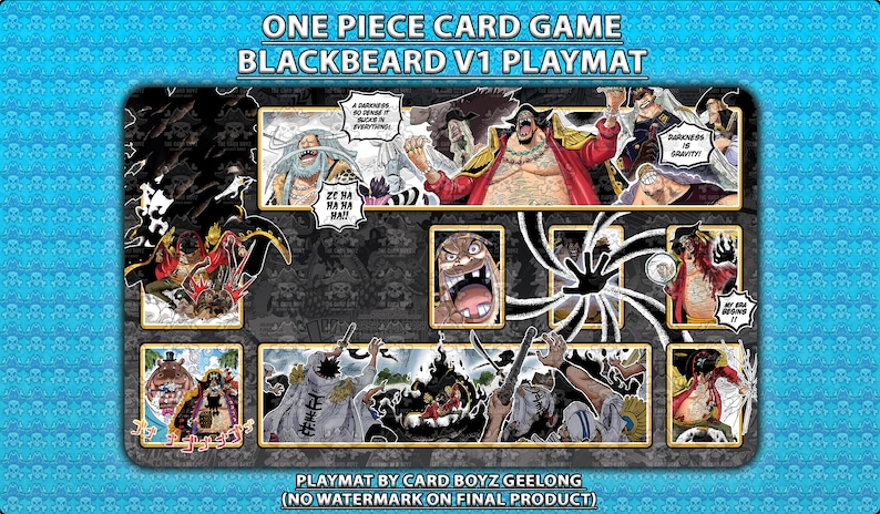 Puede incluir: Alfombrilla Blackbeard V1 para el juego de cartas One Piece. La alfombrilla presenta varias ilustraciones de personajes con bocadillos de di&aacute;logo y el texto "ONE PIECE CARD GAME BLACKBEARD V1 PLAYMAT". El fondo es un patr&oacute;n azul.