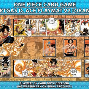May include: A rectangular playmat for the One Piece Card Game featuring Portgas D. Ace. The design includes multiple manga-style panels with orange and yellow flame motifs, character illustrations, and text bubbles. The top reads ONE PIECE CARD GAME PORTGAS D. ACE PLAYMAT V2 (ORANGE).