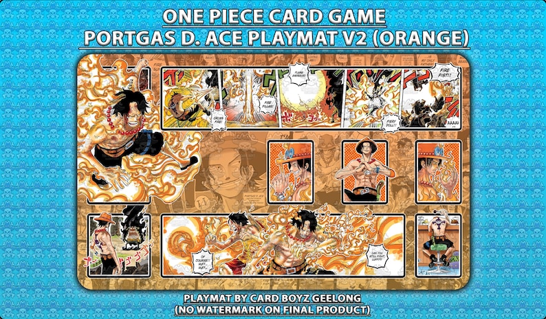 May include: A rectangular playmat for the One Piece Card Game featuring Portgas D. Ace. The design includes multiple manga-style panels with orange and yellow flame motifs, character illustrations, and text bubbles. The top reads ONE PIECE CARD GAME PORTGAS D. ACE PLAYMAT V2 (ORANGE).
