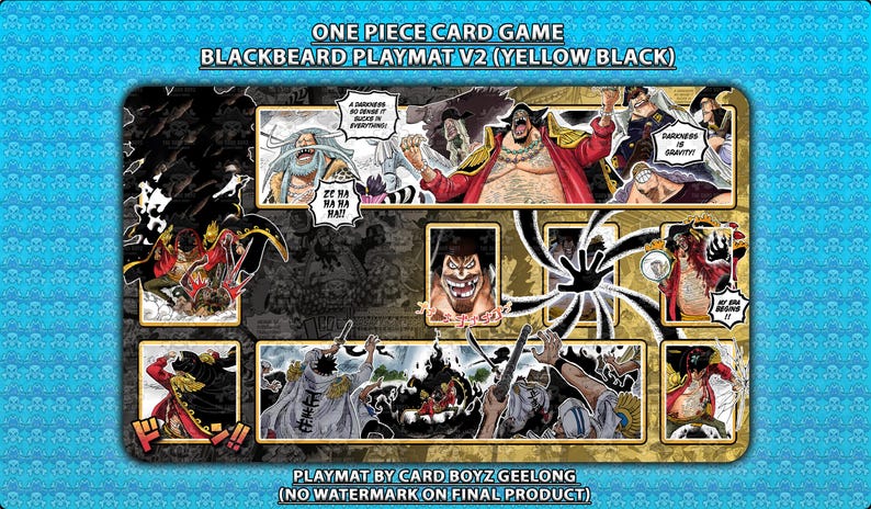 Puede incluir: Alfombrilla rectangular para el juego de cartas One Piece, con un dise&ntilde;o amarillo y negro. La alfombrilla muestra varios personajes y escenas de la serie, con el texto "ONE PIECE CARD GAME BLACKBEARD PLAYMAT V2 (YELLOW BLACK)" en la parte superior.