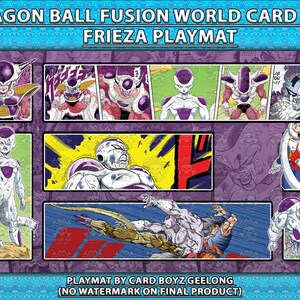 Peut inclure: Tapis de jeu Dragon Ball Fusion World avec Frieza. Le tapis a une bordure violette et un fond bleu. Il présente plusieurs panneaux avec des images de Frieza sous diverses formes. Le texte "Frieza Playmat" est en haut.