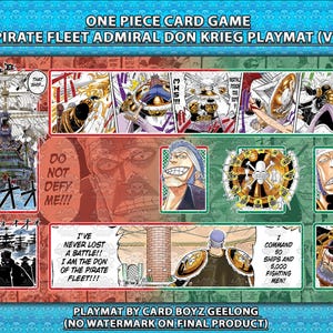 Puede incluir: Una alfombrilla rectangular para el juego de cartas One Piece, con un diseño colorido que presenta varios personajes y escenas del anime. La alfombrilla incluye texto que dice "ONE PIECE CARD GAME" y "PIRATE FLEET ADMIRAL DON KRIEG PLAYMAT (V1)".
