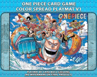May include: A vibrant One Piece card game playmat with a detailed illustration of multiple characters. The design includes the text "ONE PIECE CARD GAME COLOR SPREAD PLAYMAT V1" and the "ONE PIECE" logo. The playmat is rectangular with rounded corners.