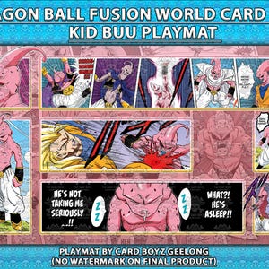 May include: Dragon Ball Fusion World Card Game Kid Buu playmat. The playmat features various illustrations of Kid Buu in action, with text bubbles and a pink and blue color scheme. The background is a light blue pattern.