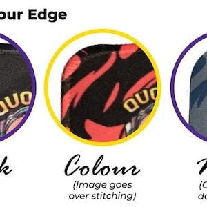 Puede incluir: Imagen que muestra tres opciones de borde para un producto: negro, color y ninguno. El texto "Choose your Edge" est&aacute; en la parte superior. El borde negro est&aacute; en un c&iacute;rculo morado, el borde de color en un c&iacute;rculo amarillo y el borde ninguno en un c&iacute;rculo morado.