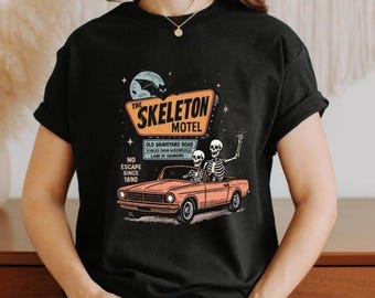 Skeleton Motel Retro Halloween Tee: Spooky Road Trip Shirt