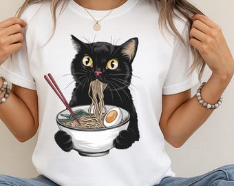 Ramen Cat Shirt, Black Cat Noodle Tee, Funny Foodie T-Shirt