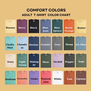 May include: Adult t-shirt colour chart displaying a range of shades. Colours include Banana, Berry, Black, Blue Jean, Blue Spruce, Burnt Orange, Butter, Chalky Mint, Chambray, Denim, Granite, Grey, Hemp, Ice Blue, Ivory, Light Green, Midnight, Moss, Orchid, Pepper, Sage, Seafoam, Terracotta, Violet, Watermelon, White, Yam, and Espresso.