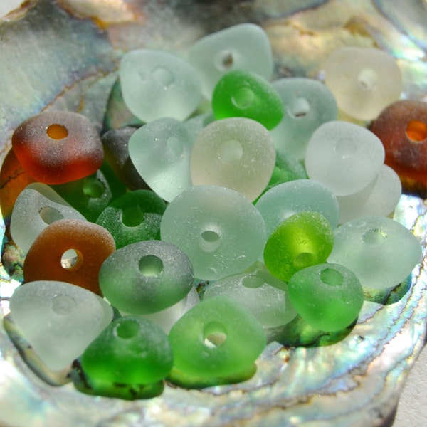 Drilled Genuine Sea Glass Beads - Large Hole Beads - Mixed Colors Nautical Boho Surfer Jewelry Beads - 30 pc. Bulk Lot - 3 mm. Holes