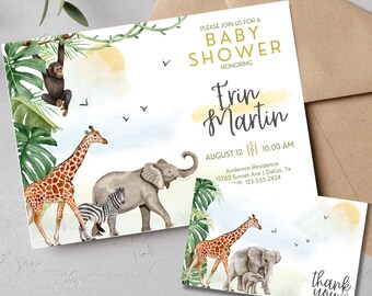 Jungle Animal Safari Baby Shower Invitation and Personalized Thank You Card Digital Download PDF Custom Baby Shower Invitation Set JPG