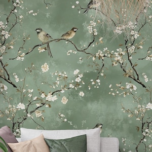 Wallpaper With Birds And Flowers, Vintage Chinoiserie Peel And Stick Wallpaper With Birds