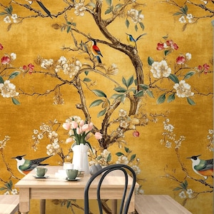 Wallpaper With Birds And Flowers, Vintage Chinoiserie Peel And Stick Wallpaper With Birds