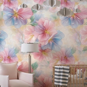 Papier peint floral aquarelle, décoration murale grande fleur, papier peint autocollant, papier peint vintage, papier peint floral