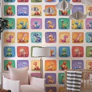 Dinosaurs Wallpaper, Kids Room Decoration, Dino Cute Wallpaper, Peel and Stick Wallpaper, Safe for Kids Wall Mural, Funny Dinosaur Wallpaper