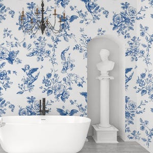 Blue Toile Peel and Stick Wallpaper, French Toile de Jouy Wall Mural, Little Floral Wallpaper, Blue Garden Wallpaper