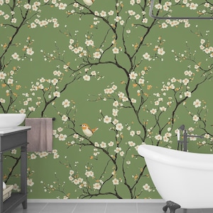 Vintage Chinoiserie Wallpaper with Birds and Flowers, Vintage Botanical Peel and Stick Mural, Vintage Japanese Wallpaper