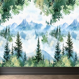 Vintage Scenic Wallpaper, Landscape Wall Mural, Rural Landscape Peel and Stick Wallpaper, Watercolor Mural