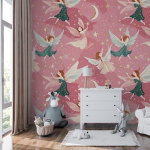 Mystical Fairy Wall Mural, Enchanting Pink Nursery Decor, Magical Fairy Tale, Wallpaper for Kids Room