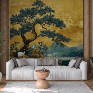 Crane Peel and Stick Wallpaper Panoramic, Gold Vintage Chinoiserie Wallpaper, Chinese Birds Wall Mural, Crane Chinoiserie Wallpaper