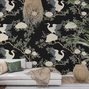 Chinoiserie Crane Birds Wallpaper, Herron Peel and Stick Wall Mural, Dark Self Adhesive Wallpaper, Chinese Birds Peel & Stick Wallpaper