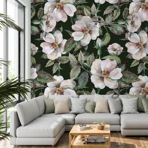 Dark Floral Wallpaper, White Peony Peel and Stick Wallpaper, Botanical Wall Mural, Peony Art Wallpaper
