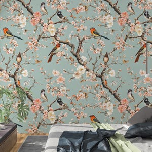 Carta da parati vintage Chinoiserie con uccelli e fiori, murale vintage botanico staccabile e attaccabile, carta da parati vintage giapponese