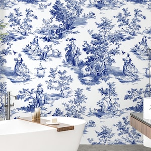 Blue Toile Peel and Stick Wallpaper, French Toile de Jouy Wall Mural, Chinoiserie Bule Toile Wallpaper