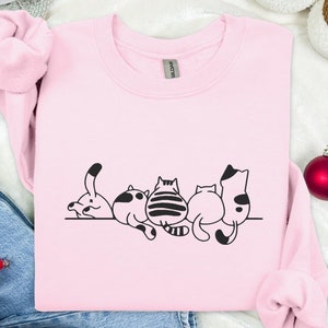Sweat-shirt brodé chat minimaliste, cadeau mignon pour amoureux des chats | Chandail d&#39;hiver avec chat des Fêtes pour les amoureux des animaux de compagnie | Idée cadeau drôle de chat brodé