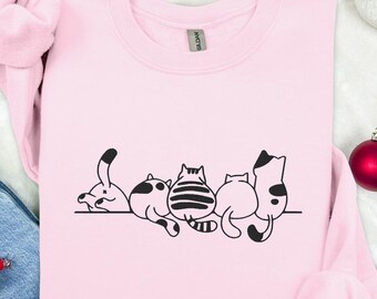 Minimalist Cat Embroidered Sweatshirt, Cute Cat Lover Gift | Holiday Winter Cat Sweater for Pet Lovers | Funny Embroidered Cat Gift Idea