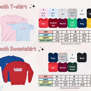 Youth T-shirt and sweatshirt color options and size chart, showcasing available colors and providing measurement details for youth apparel.