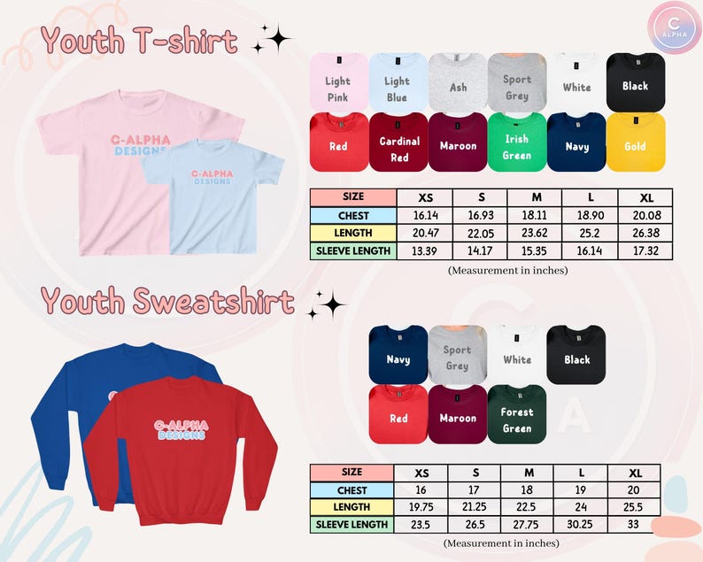 Youth T-shirt and sweatshirt color options and size chart, showcasing available colors and providing measurement details for youth apparel.