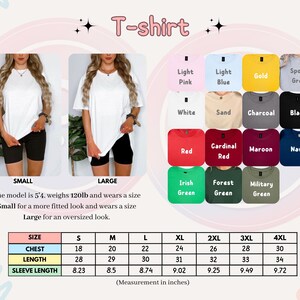 Size chart for adult T-shirts in various colors, including details on fit and size measurements for different styles, helping customers choose the perfect fit.