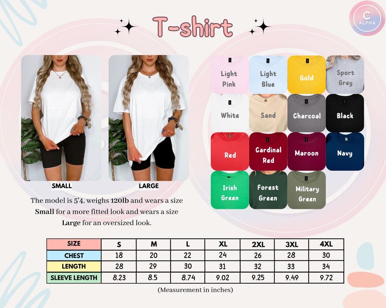 Size chart for adult T-shirts in various colors, including details on fit and size measurements for different styles, helping customers choose the perfect fit.