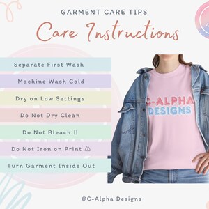 Garment care instructions for POD apparel, including washing and drying tips to maintain print quality and fabric longevity.