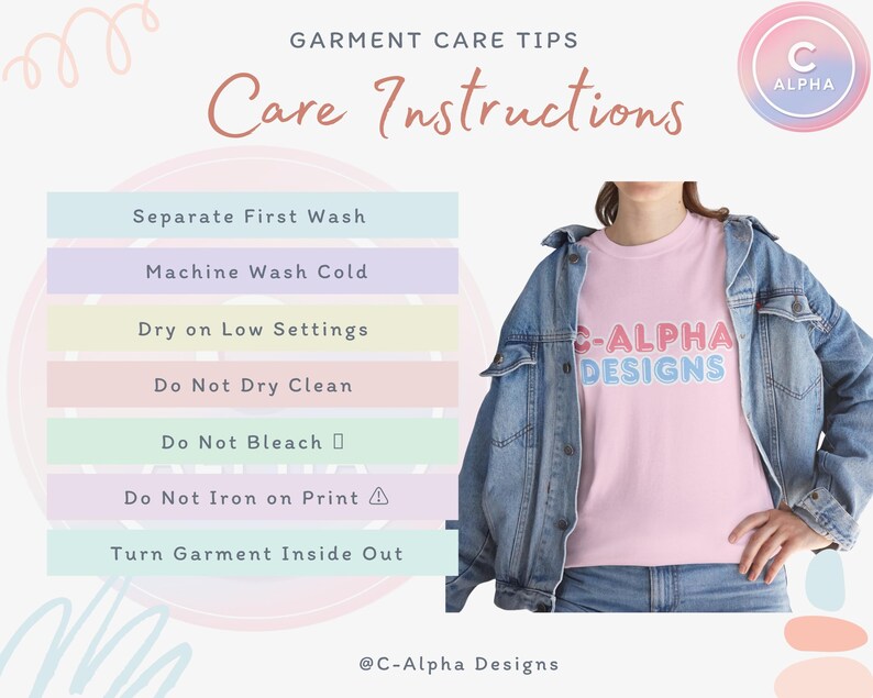 Garment care instructions for POD apparel, including washing and drying tips to maintain print quality and fabric longevity.