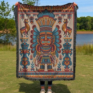 Aztec Woven Blanket Warrior Tapestry Throw, Southwestern Tribal Blanket, Vintage Rustic, Native Mexican Cotton Blanket for Couch & Bed 006