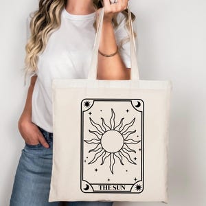 Torba bawełniana z kartą tarota Sun - Book Lover Tote - Karty tarota - Torba na zakupy - Witchy vibes - Dziewczyna okultystyczna - Prezent dla czytelnika